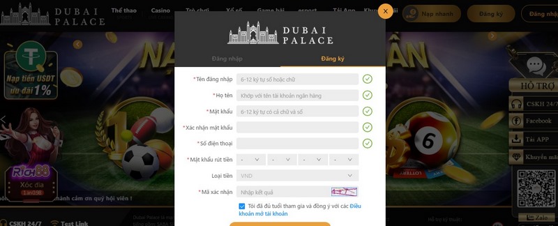 Hướng dẫn đăng ký tài khoản tại trang game Dubai Palace